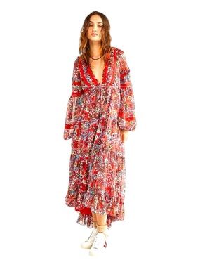 FREE PEOPLE Cassis Printed Chiffon Dress, Tiered, Mix Floral, Size XS.